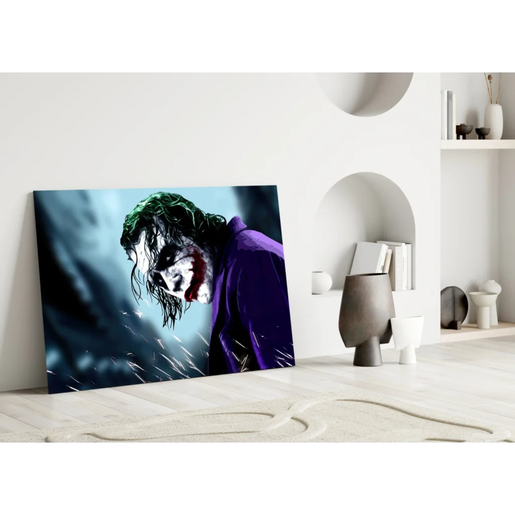 Vibrant purple and green joker portrait on glass wall art print