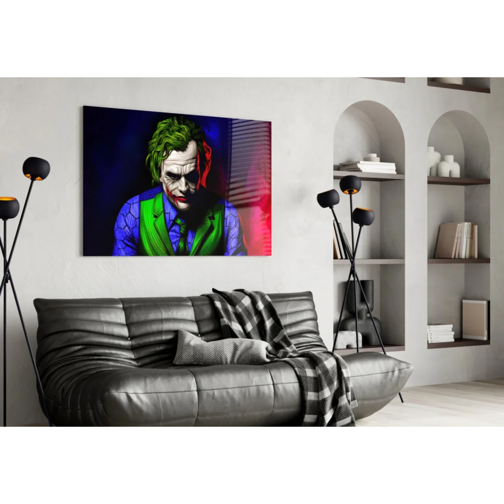 Vibrant Joker pop art glass wall art canvas print with green hair