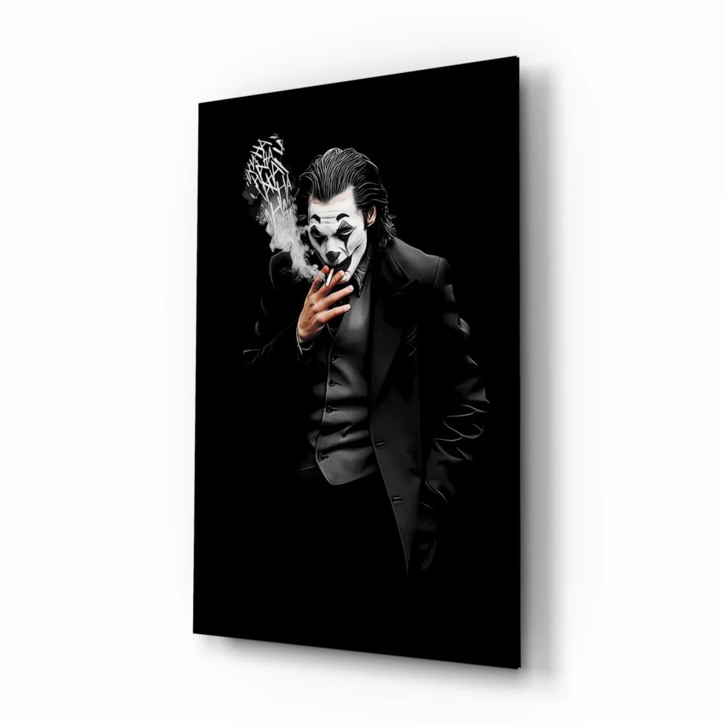 Joker smoking in dark suit, black and white wall art canvas print