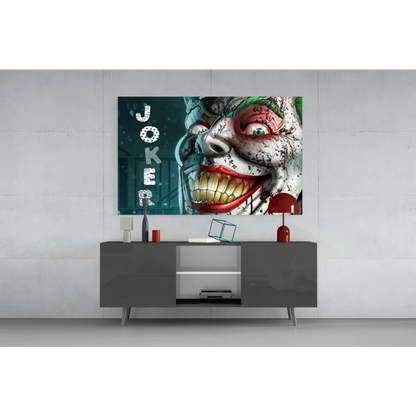 Vibrant Joker Grin graffiti wall art canvas with bold red lips and green hair on teal background