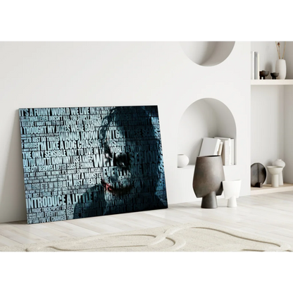 Stylized Joker face in layered white text on dark blue canvas wall art