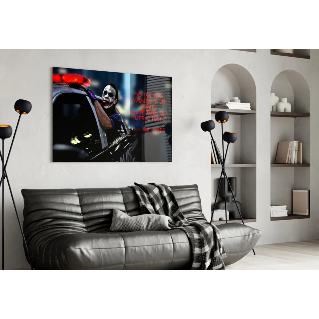 Joker leaning from police car on black red movie poster wall art