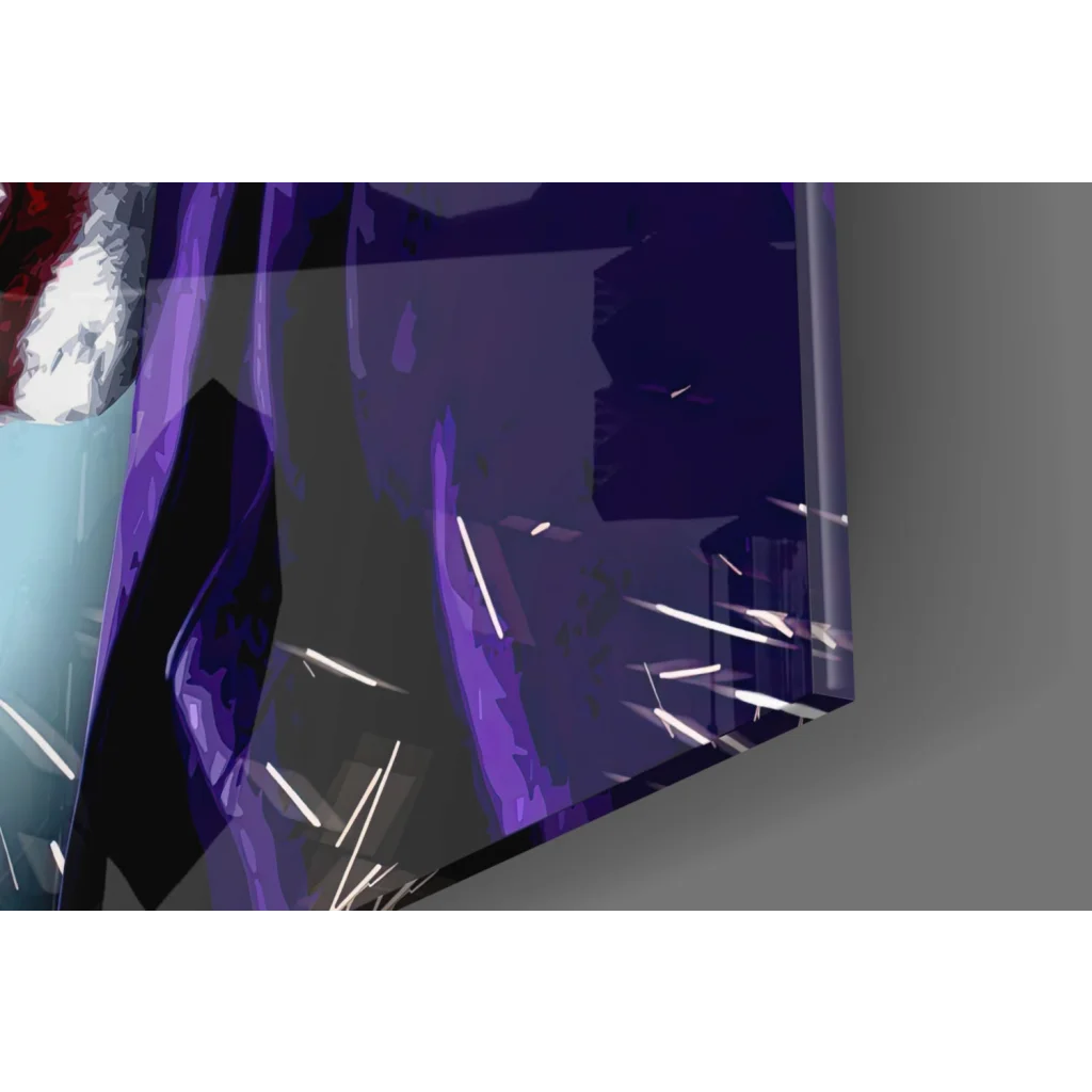 Vibrant purple and black glass wall art with angular strokes