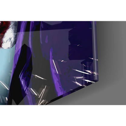 Vibrant purple and black glass wall art with angular strokes