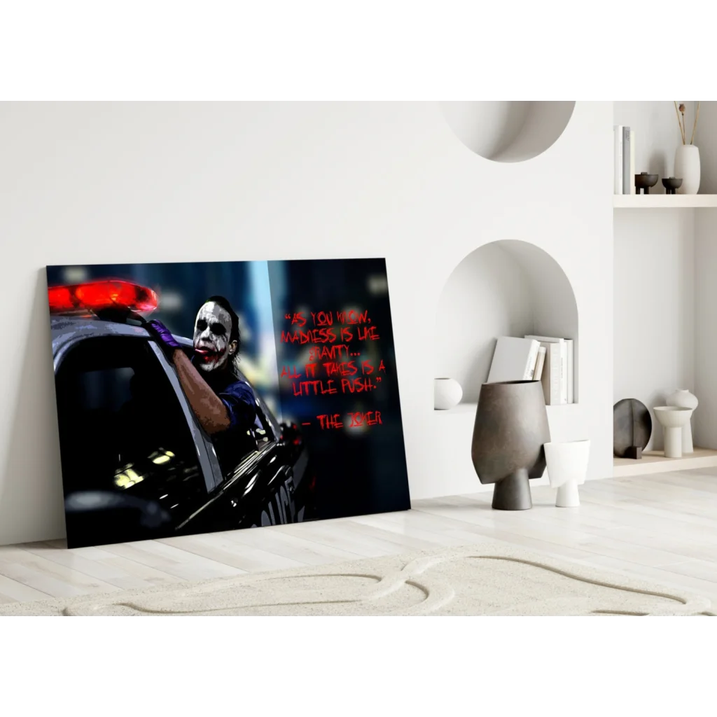 Joker leaning from police car black red wall art with madness quote
