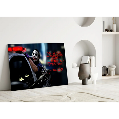 Joker leaning from police car black red wall art with madness quote