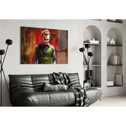 Vibrant Joker in green vest on fiery red orange canvas wall art print