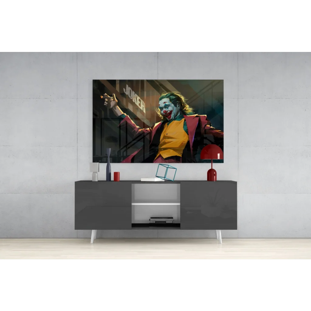 Joker wall art canvas print in bold maroon suit with cigarette