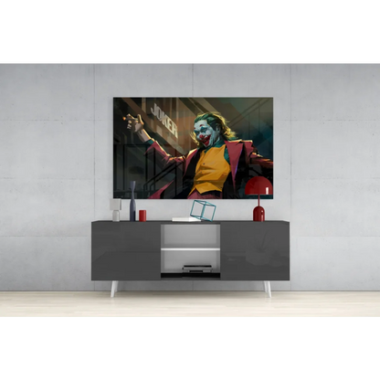 Joker wall art canvas print in bold maroon suit with cigarette