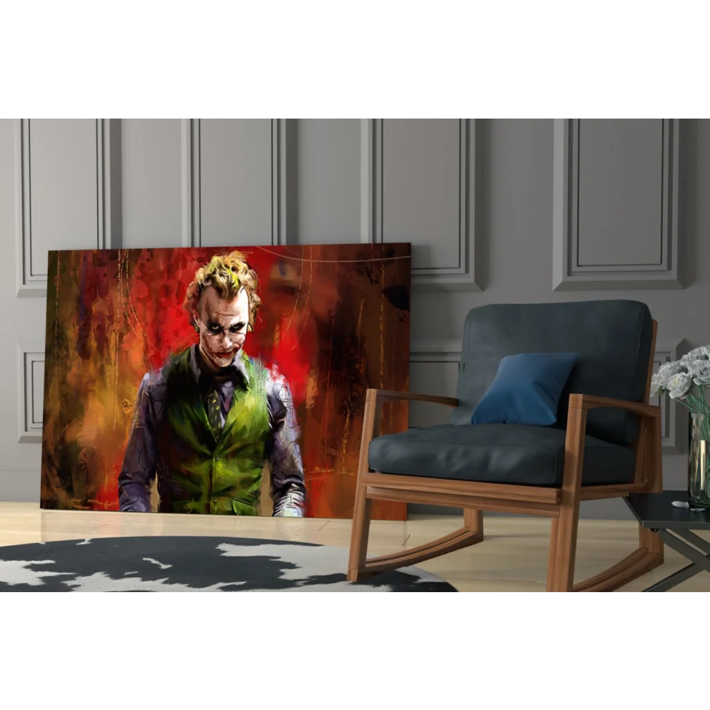 Joker canvas wall art print with vibrant green vest on fiery red-orange background
