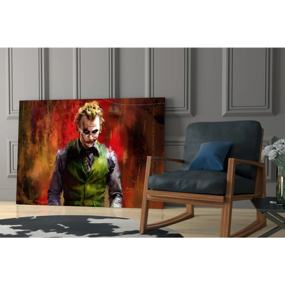 Joker canvas wall art print with vibrant green vest on fiery red-orange background