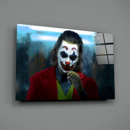 Vibrant red-jacketed joker glass wall art portrait on canvas print