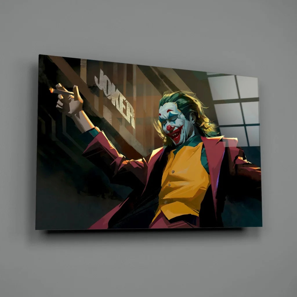 Vibrant Joker wall art canvas print in bold maroon suit with cigarette