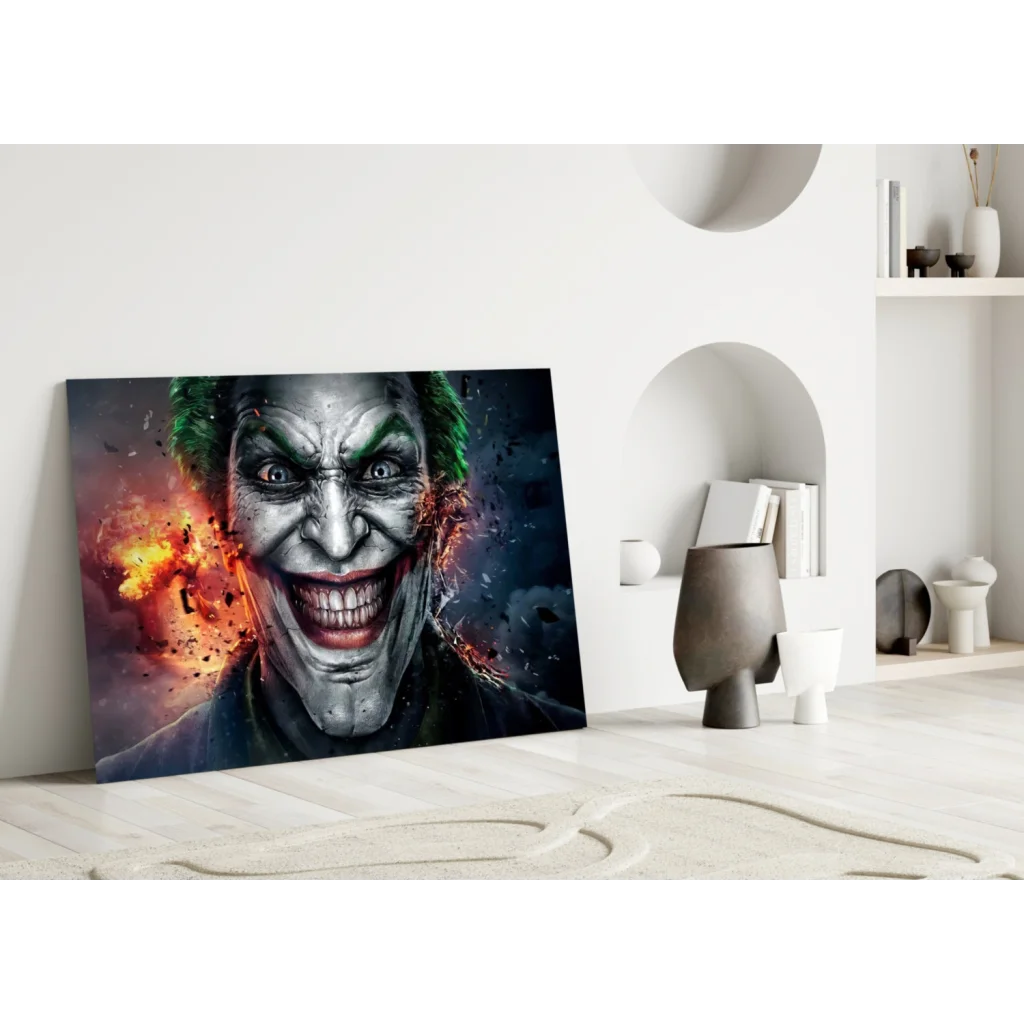 Vibrant Joker with green hair grinning on explosive glass wall art canvas print