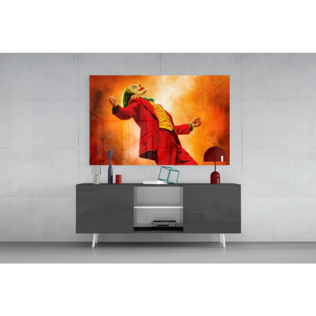 Vibrant Joker glass wall art in orange glow, dynamic pose on canvas
