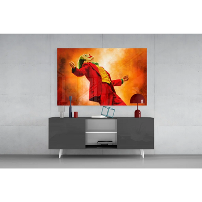 Vibrant Joker glass wall art in orange glow, dynamic pose on canvas