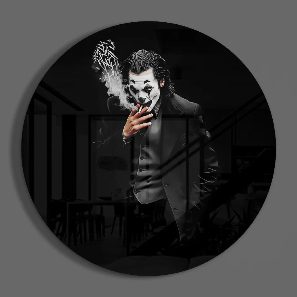 Joker smoking in black monochrome tempered glass art circle wall decor