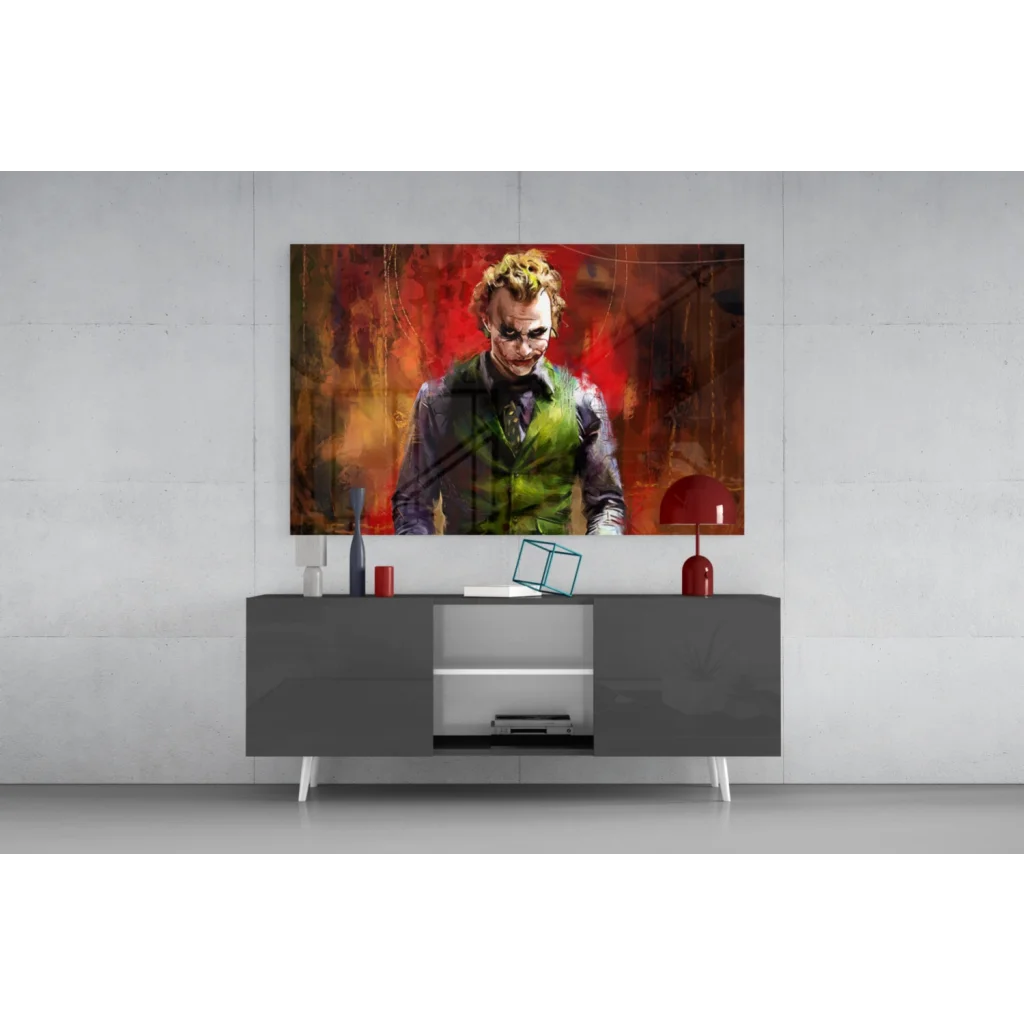 Vibrant Joker in green vest on fiery red orange wall art canvas print