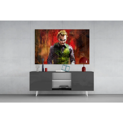 Vibrant Joker in green vest on fiery red orange wall art canvas print