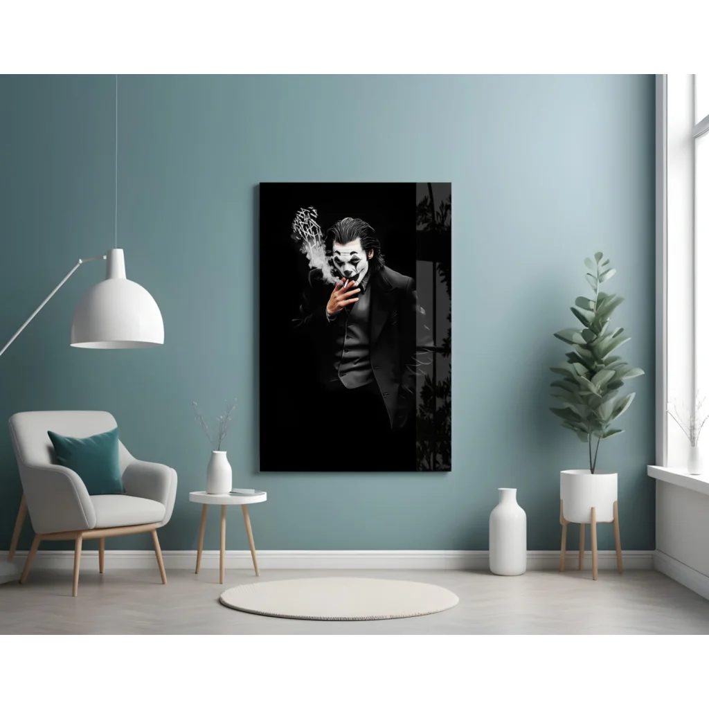 Black and white Joker smoking canvas wall art print in minimalist frame