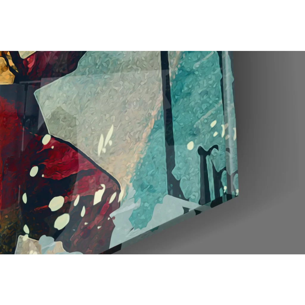 Abstract teal red beige glass wall art print with textured splashes