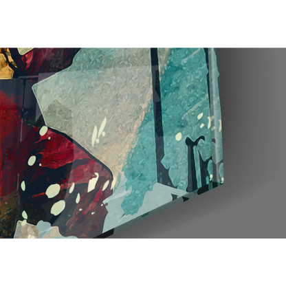 Abstract teal red beige glass wall art print with textured splashes