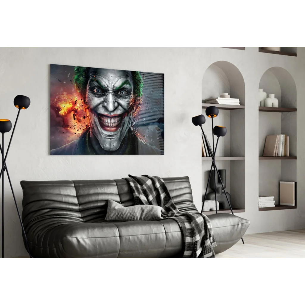 Joker explosion glass wall art canvas print with fiery orange black graphic