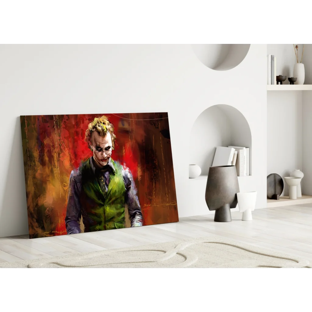 Joker canvas wall art print with fiery red orange background and green vest