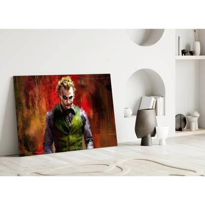Joker canvas wall art print with fiery red orange background and green vest