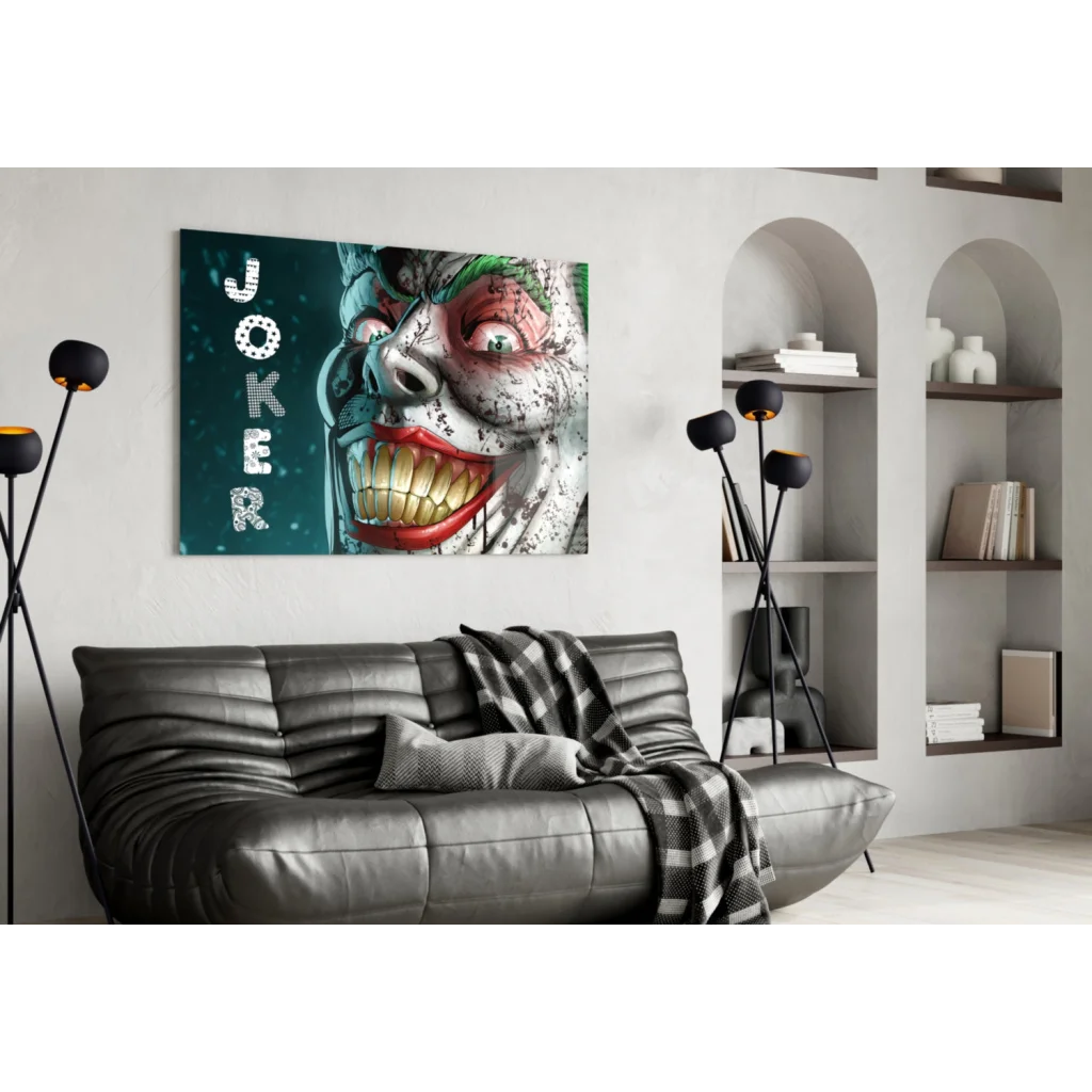 Vibrant Joker grin canvas wall art with bold red lips and green hair on teal background