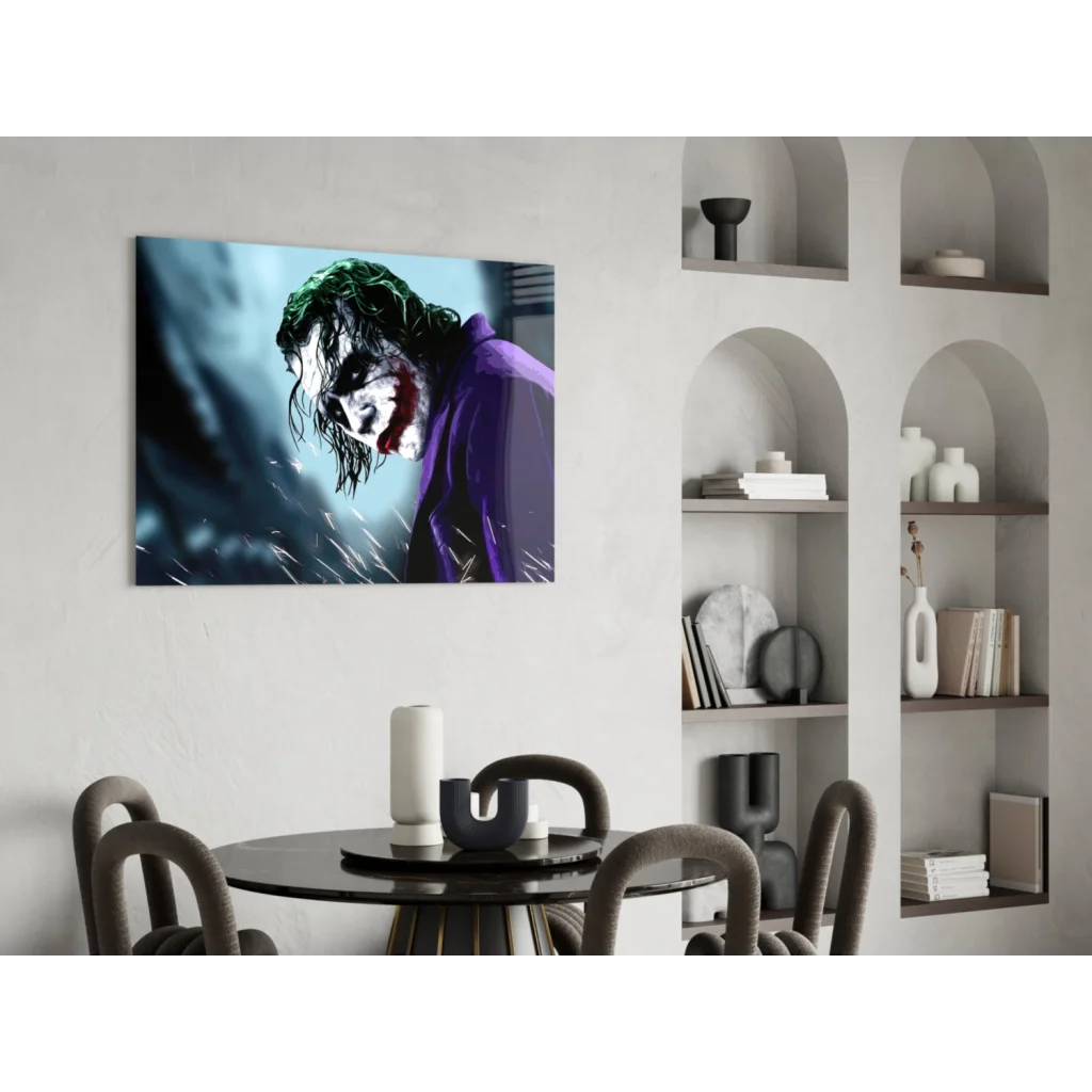 Dramatic Joker glass wall art print on canvas, dark blue background