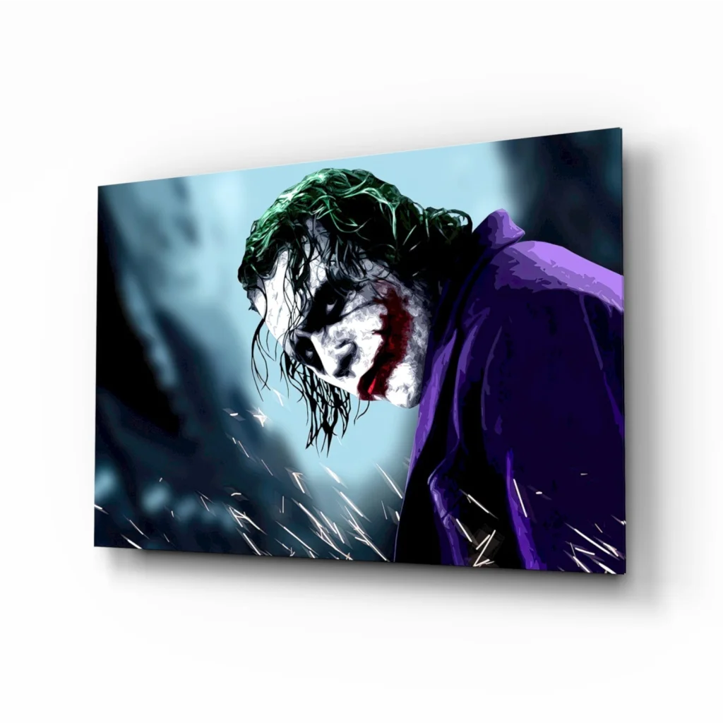 Purple jacketed Joker glass wall art print with green hair and red lipstick