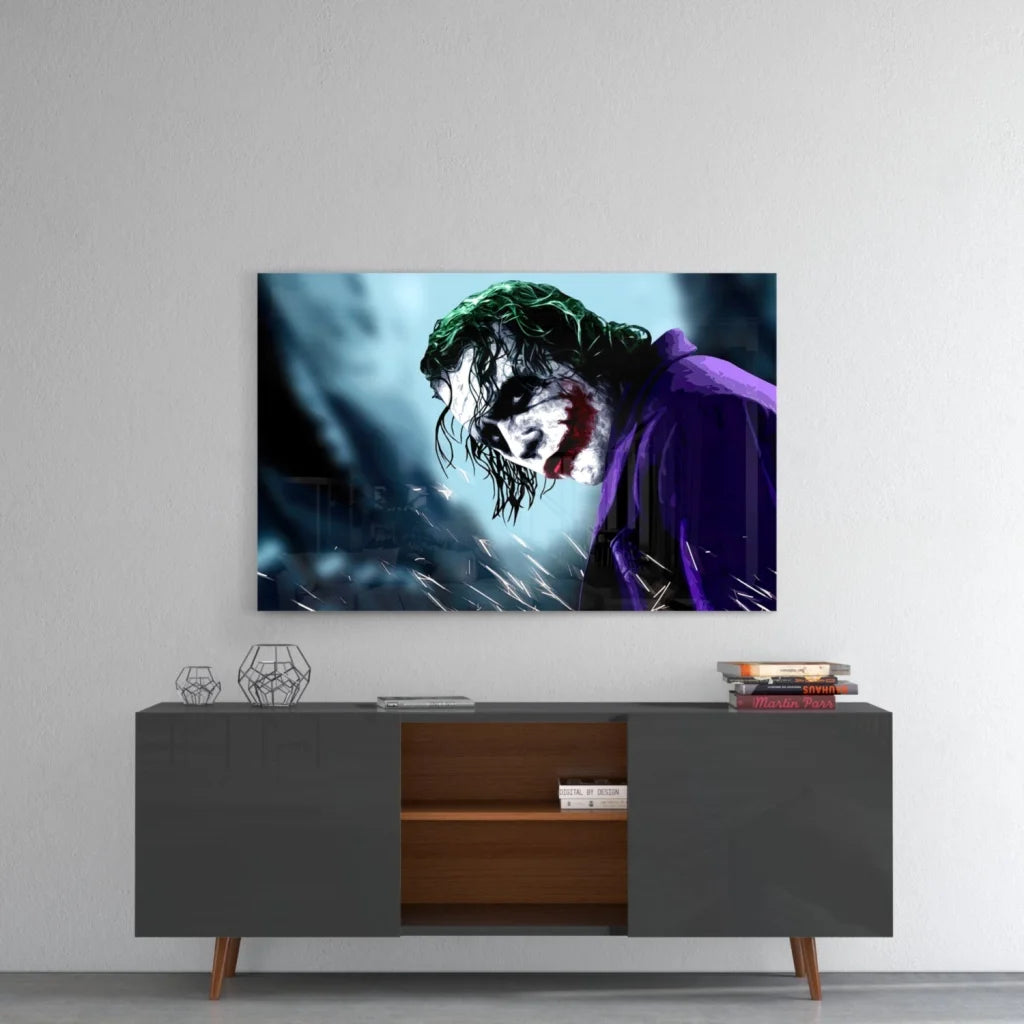 Vibrant Joker glass wall art print in purple coat on blue background