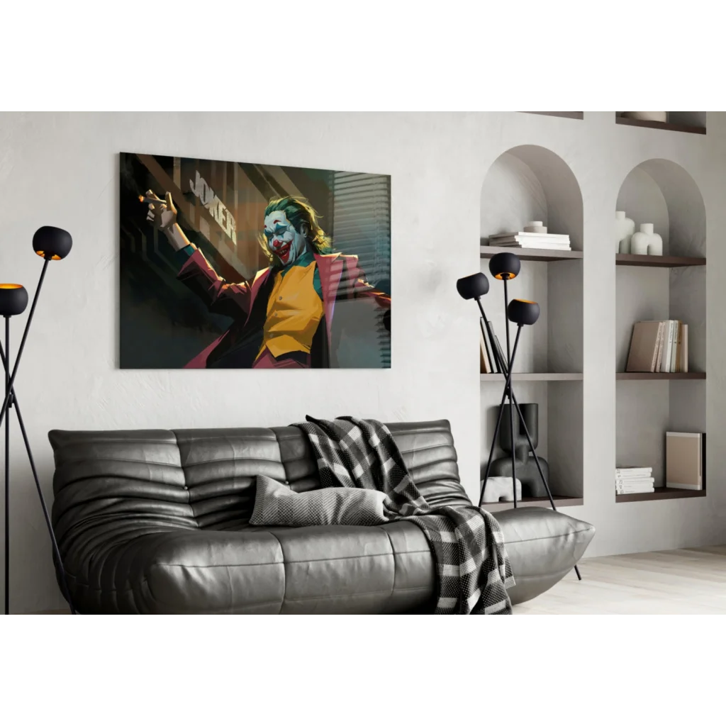 Vibrant Joker wall art canvas print in bold maroon suit with cigarette