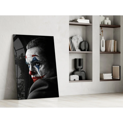 Joker canvas wall art portrait with bold red and blue accents