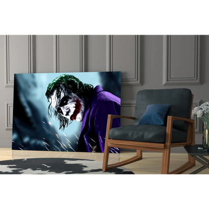 Vibrant purple and green Joker glass wall art print