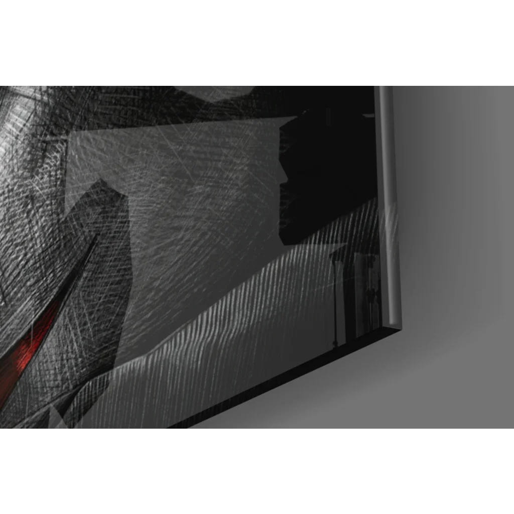 Black and silver Joker face glass wall art with scratched texture