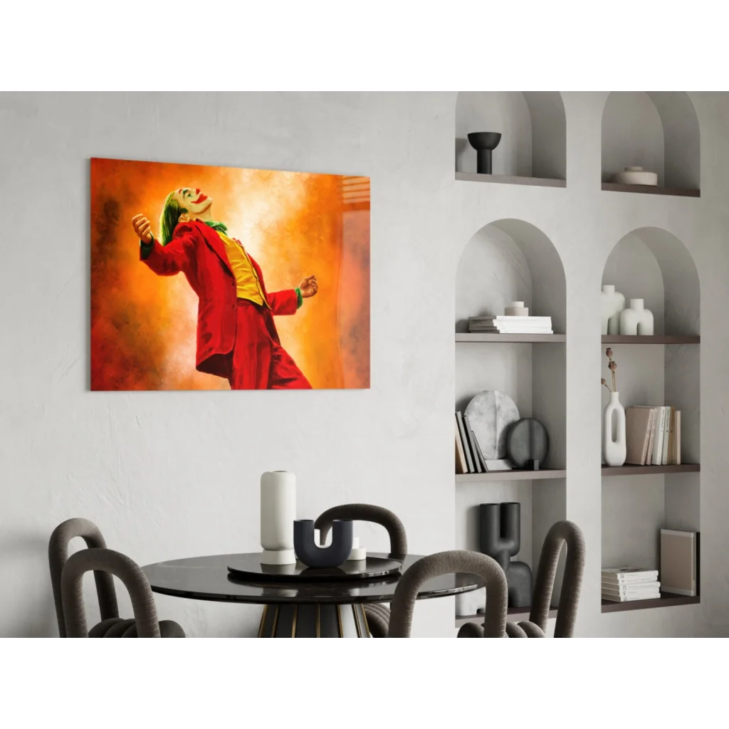 Joker glass wall art with fiery orange glow and vibrant red canvas