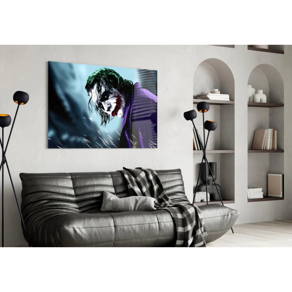 Joker glass wall art print with green hair and purple suit on white wall