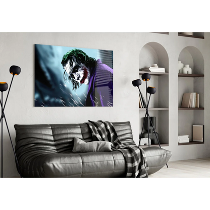 Joker glass wall art print with green hair and purple suit on white wall