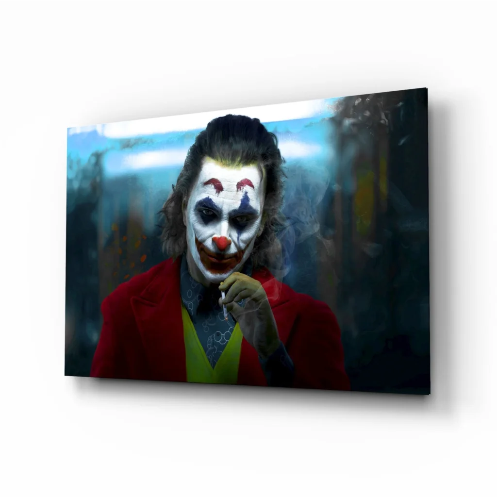 Joker portrait in red suit on stunning glass wall art