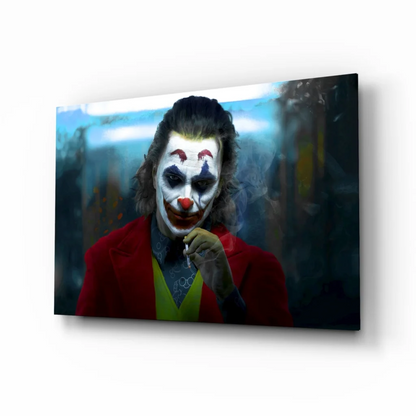 Joker portrait in red suit on stunning glass wall art