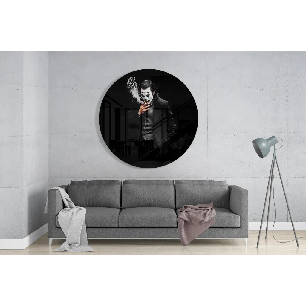 Joker smoking in monochrome on tempered glass art circle wall decor