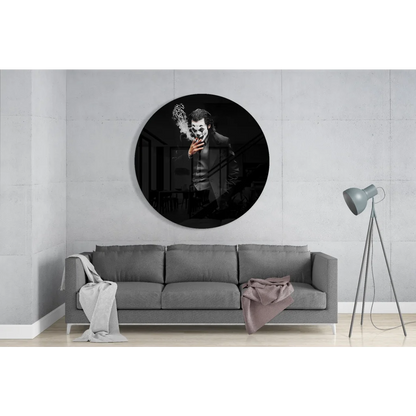 Joker smoking in monochrome on tempered glass art circle wall decor