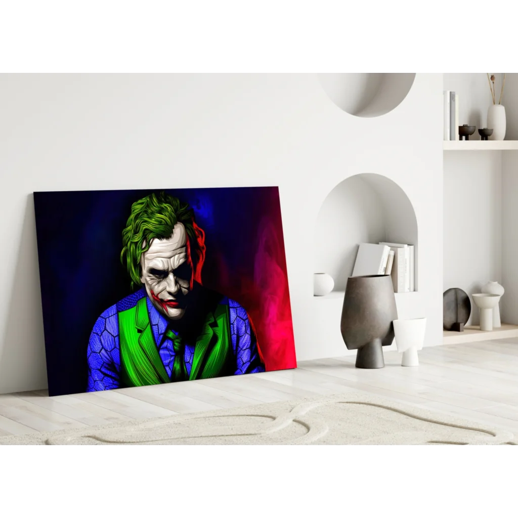 Vibrant Joker pop art glass wall art canvas print with green hair