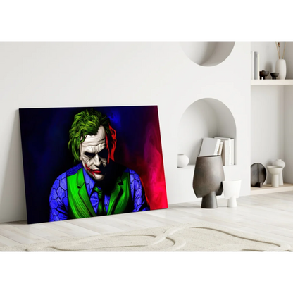 Vibrant Joker pop art glass wall art canvas print with green hair