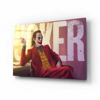 Vibrant Joker canvas wall art in red yellow suit with bold lettering