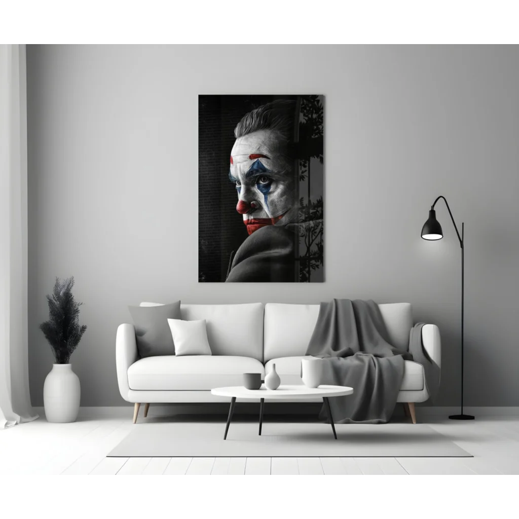 Joker canvas wall art with bold red and blue face accents
