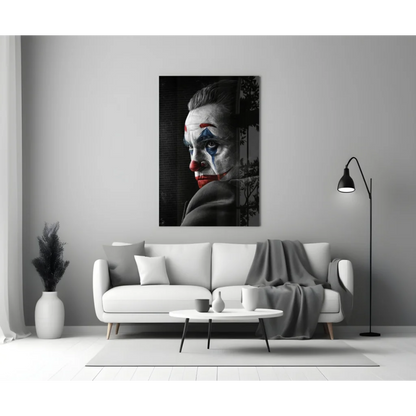 Joker canvas wall art with bold red and blue face accents