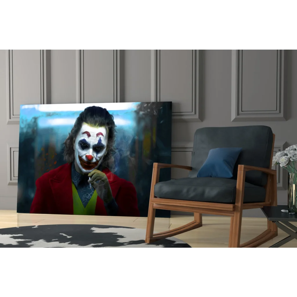 Vibrant Joker glass wall art on moody blue background